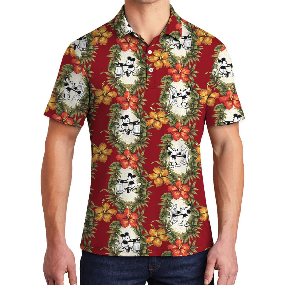 Steamboat Willie 1928 Bold Red Tropical Polo Shirts1