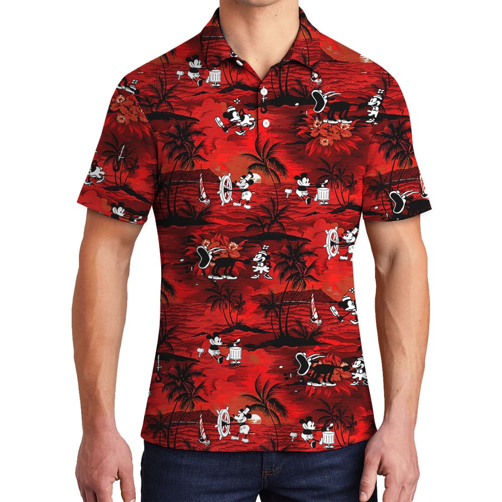 Steamboat Willie Mickey Mouse Tropical Palm Tree Men's Hawaiian Polo Shirt