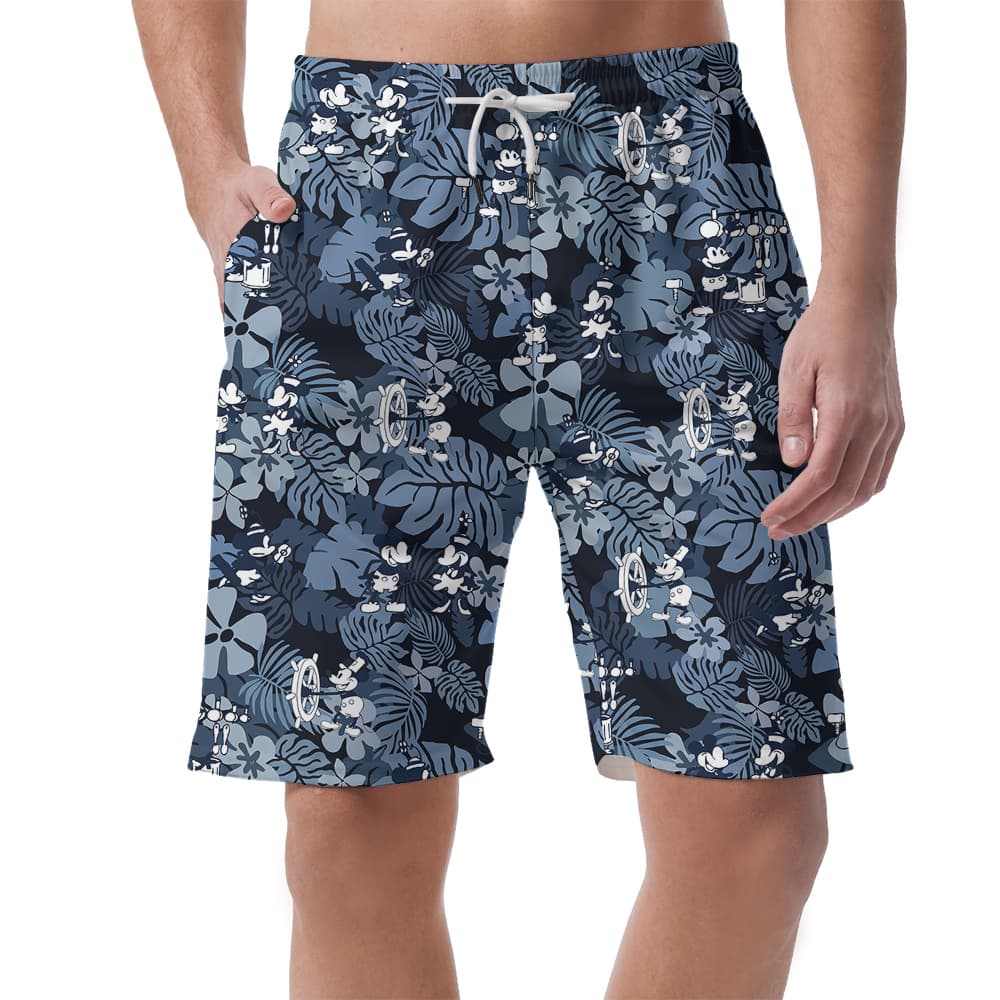 Tropical Hibiscus Mickey Mouse Navy Hawaiian Beach Shorts For Men