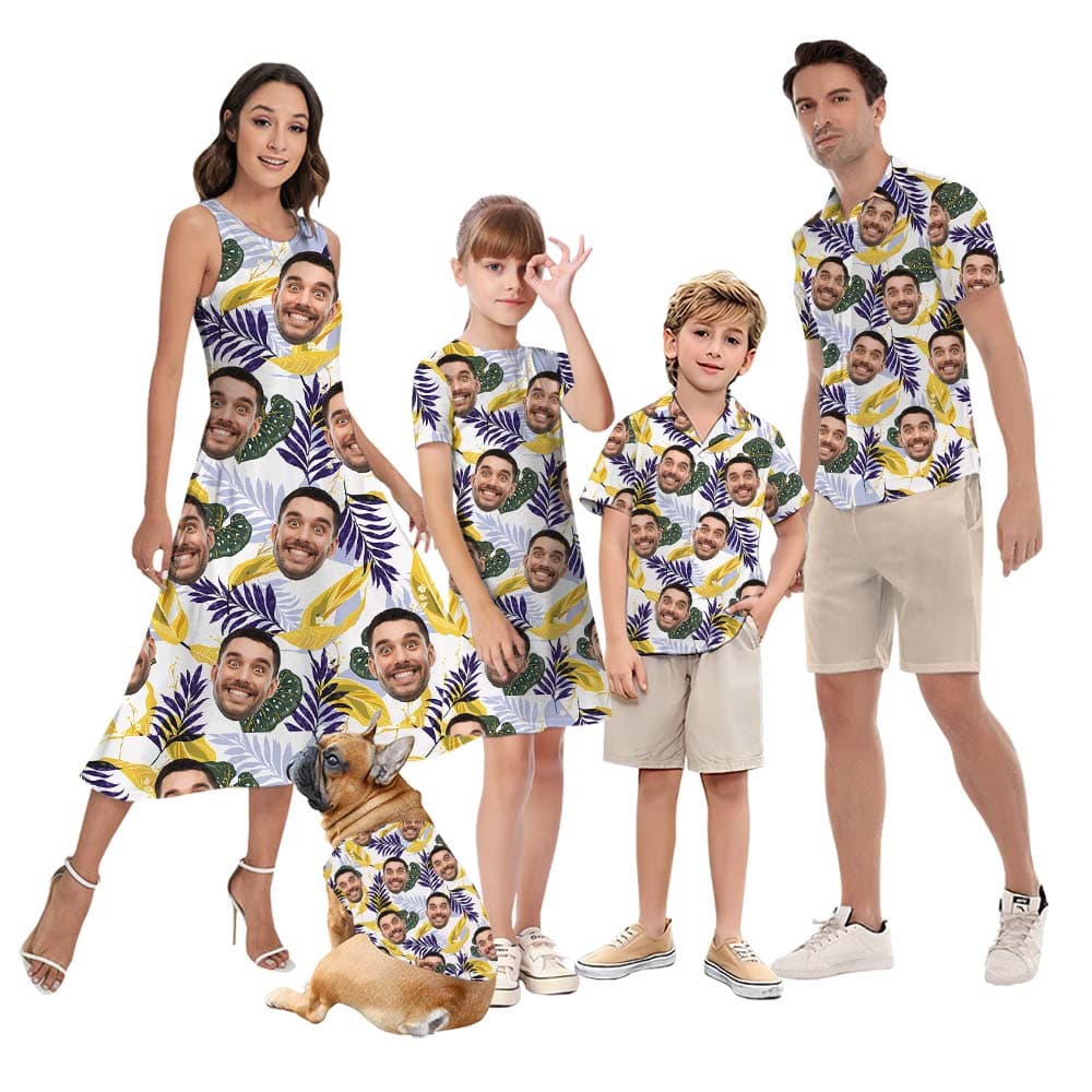 Tropical Leaf Family Matching Aloha Shirts With Faces1