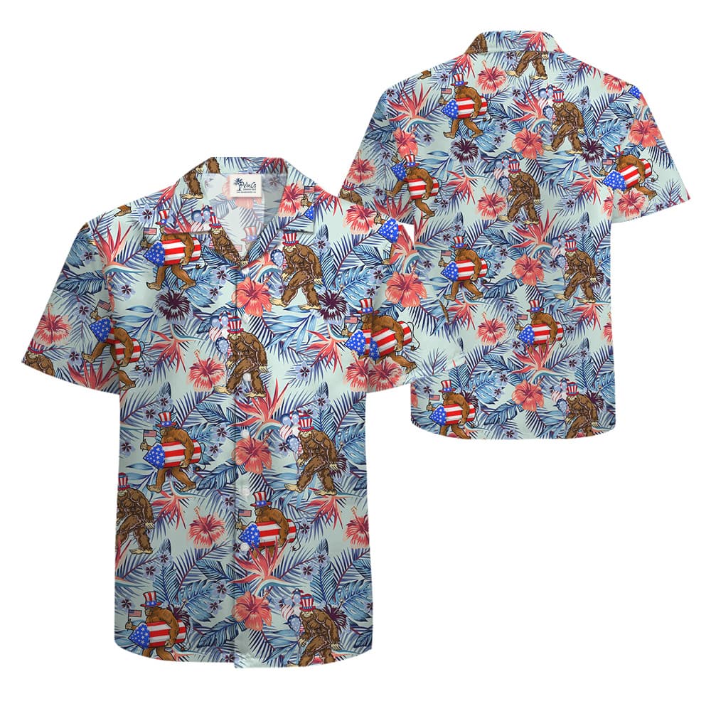 Tropical Patriotic Bigfoot Hawaiian Button Up Shirt