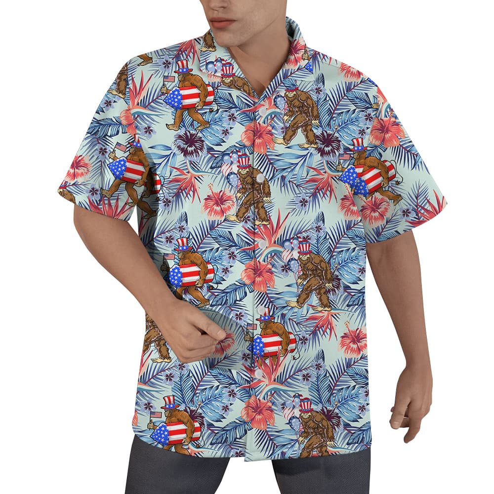 Tropical Patriotic Bigfoot Hawaiian Button Up Shirt (5)