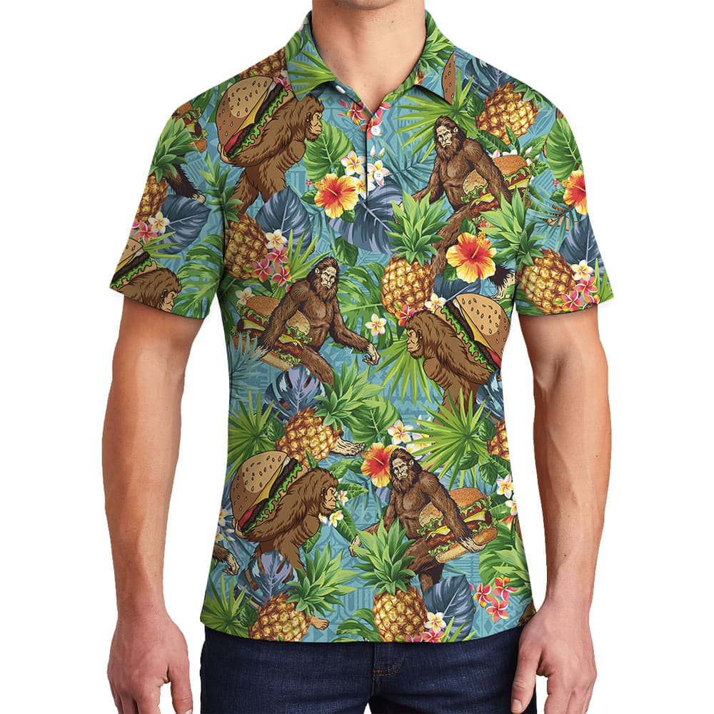 Tropical Pineapple Hamburger Bigfoot Hawaiian Polo Shirt