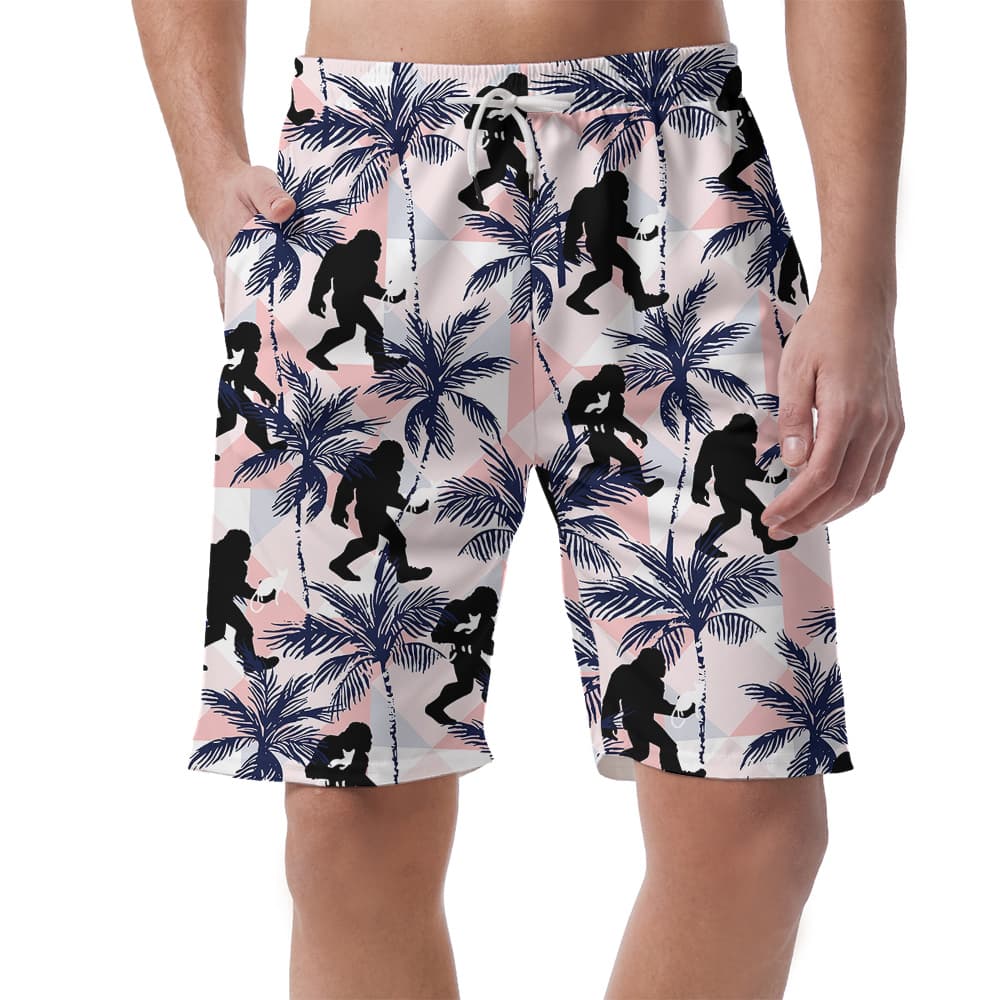 Tropical Sasquatch And Cat Pink Hawaiian Beach Shorts For Men
