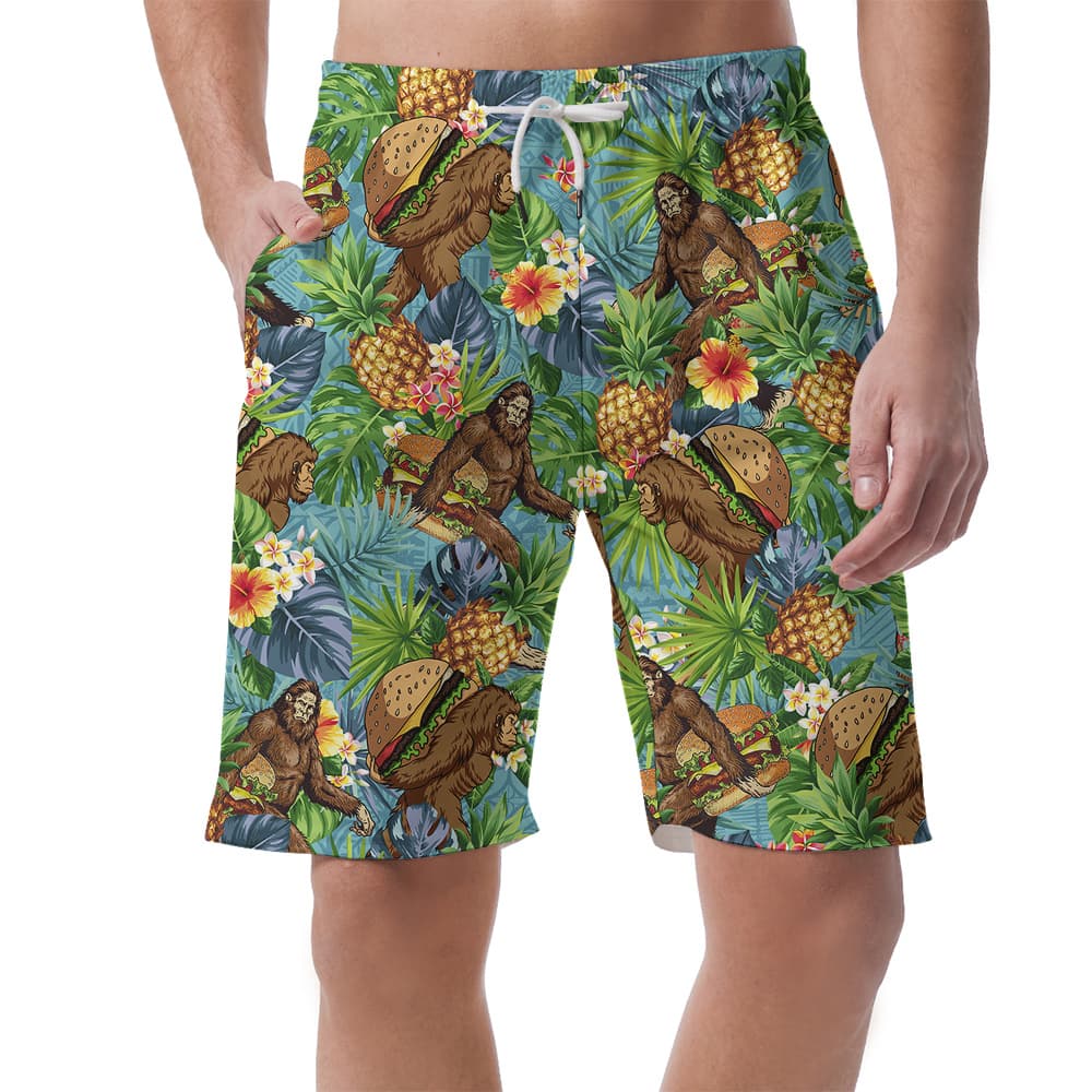 Tropical Sasquatch Hamburger Pineapple Hawaiian Beach Shorts For Men