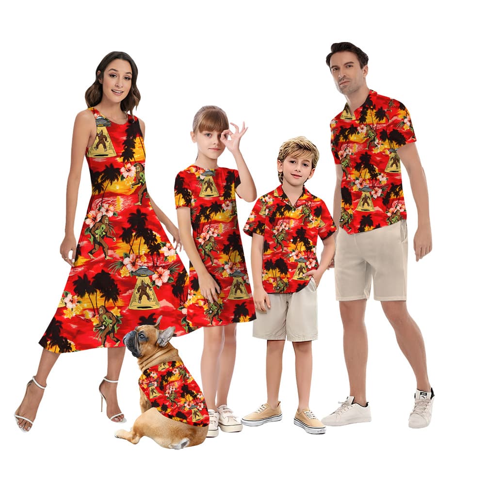 Tropical Sunset Beach Bigfoot And Alien Family Matching Hawaiian Outfits