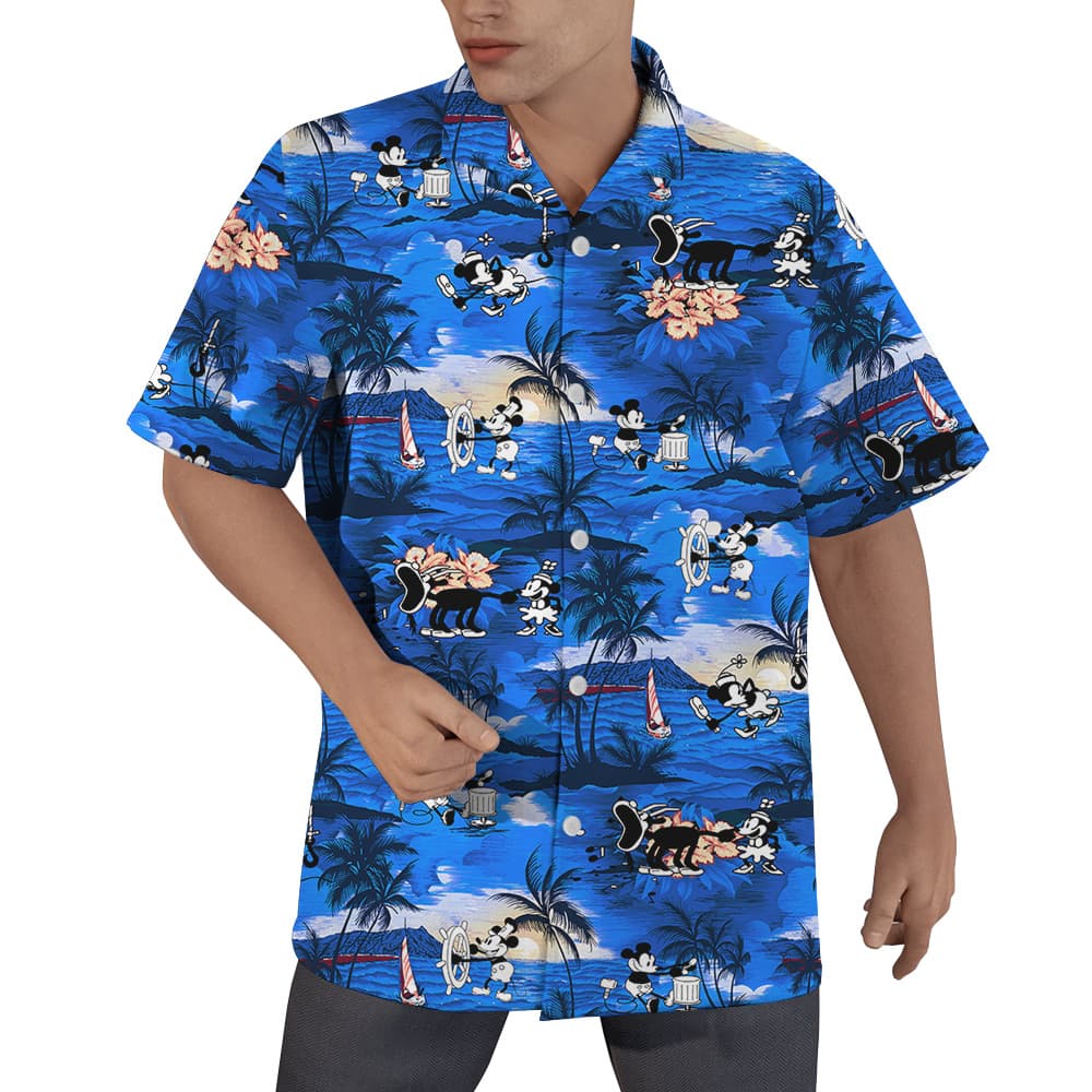 Tropical Sunset Beach Mickey Mouse Navy Hawaiian Shirt (1)