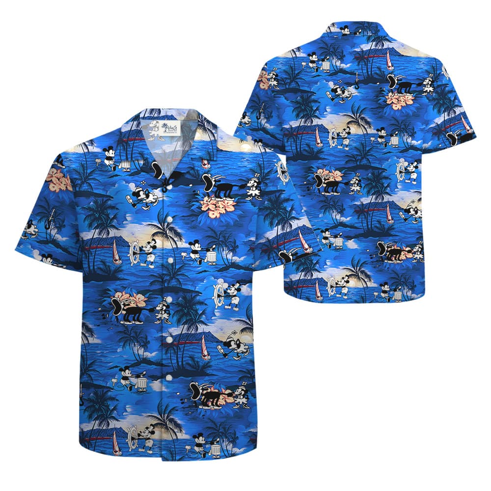 Tropical Sunset Beach Mickey Mouse Navy Hawaiian Shirt