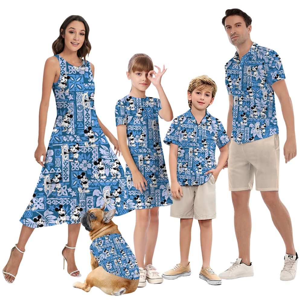 Vintage Blue Mickey Vintage Steamboat Willie Matching Family Hawaiian Outfits