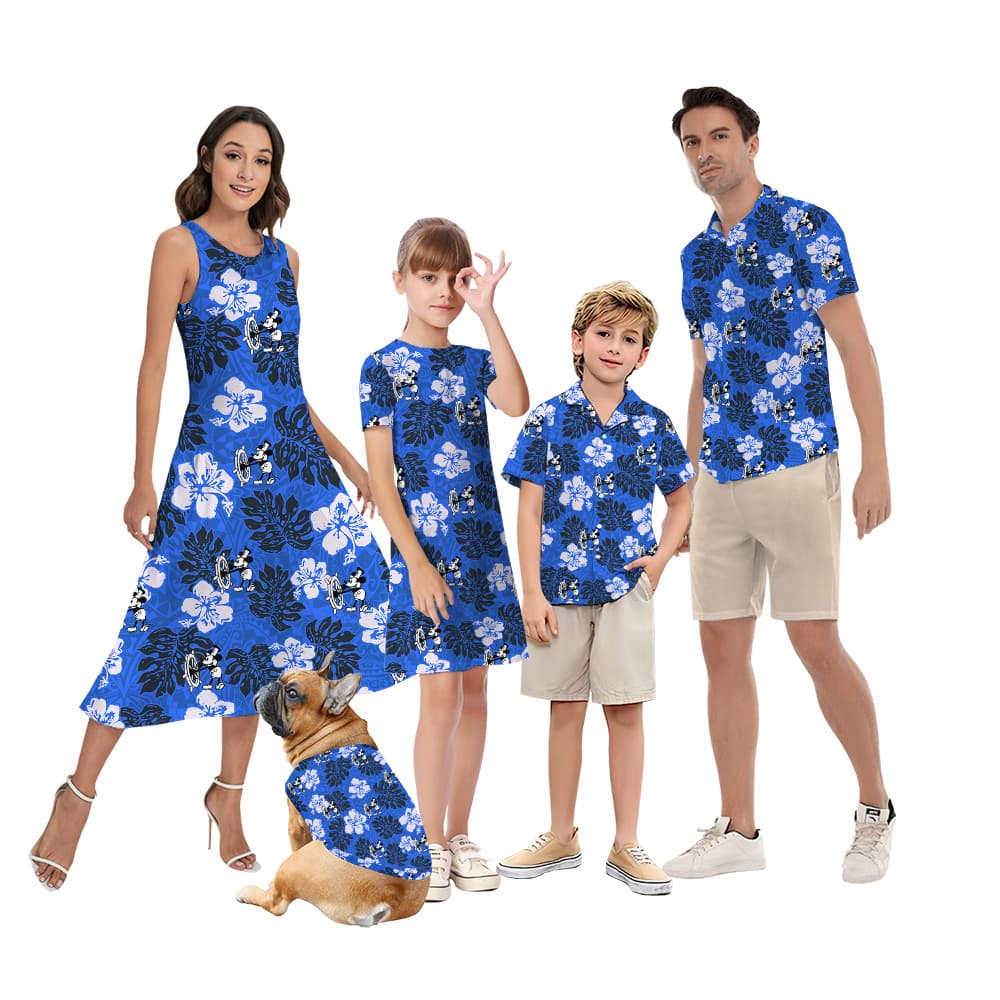 Vintage Hibiscus Mickey Steamboat Willie Navy Matching Family Hawaiian Outfits