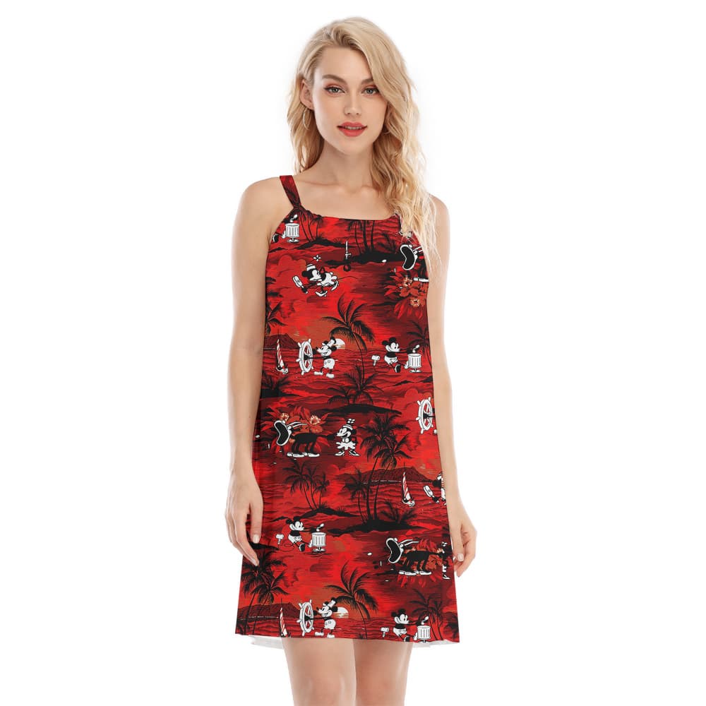 Vintage Mickey Mouse Tropical Beach Theme Hawaiian Cami Dress For Women