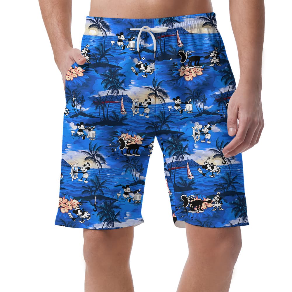 Vintage Mickey Mouse Tropical Navy Hawaiian Men's Shorts For Summer