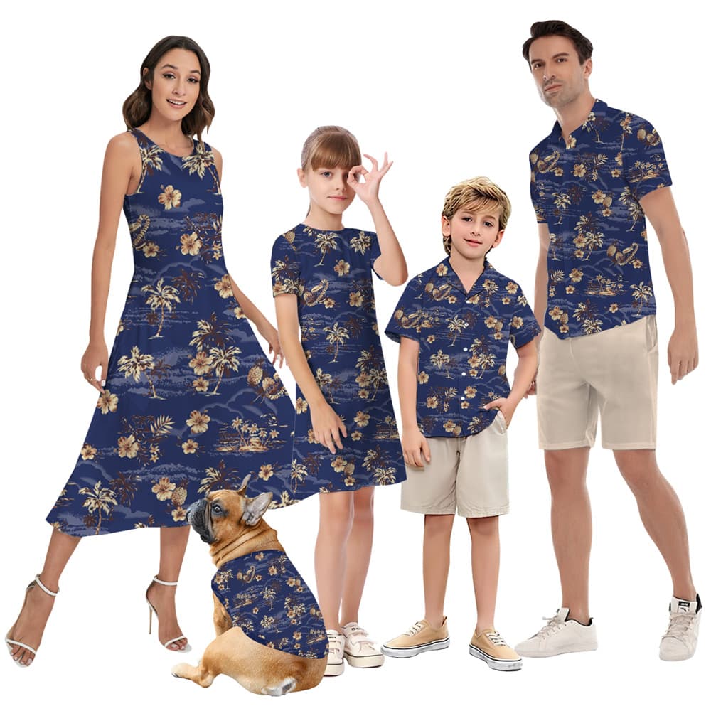 Vintage Palm Tree Hibiscus Navy Matching Family Hawaiian Outfits