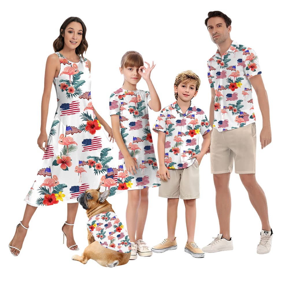White Red And Blue Flamingo Matching Hawaiian Outfits1