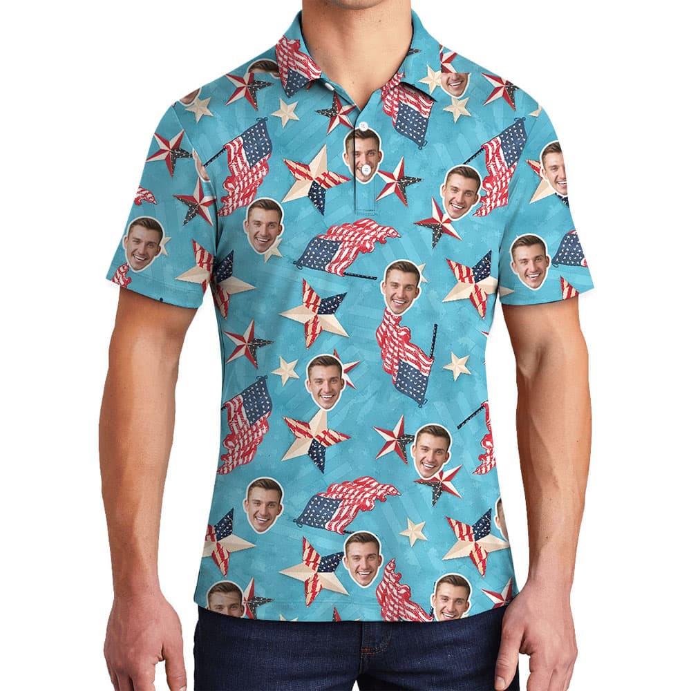 White Red And Blue Men's Polo With Multiple Faces4
