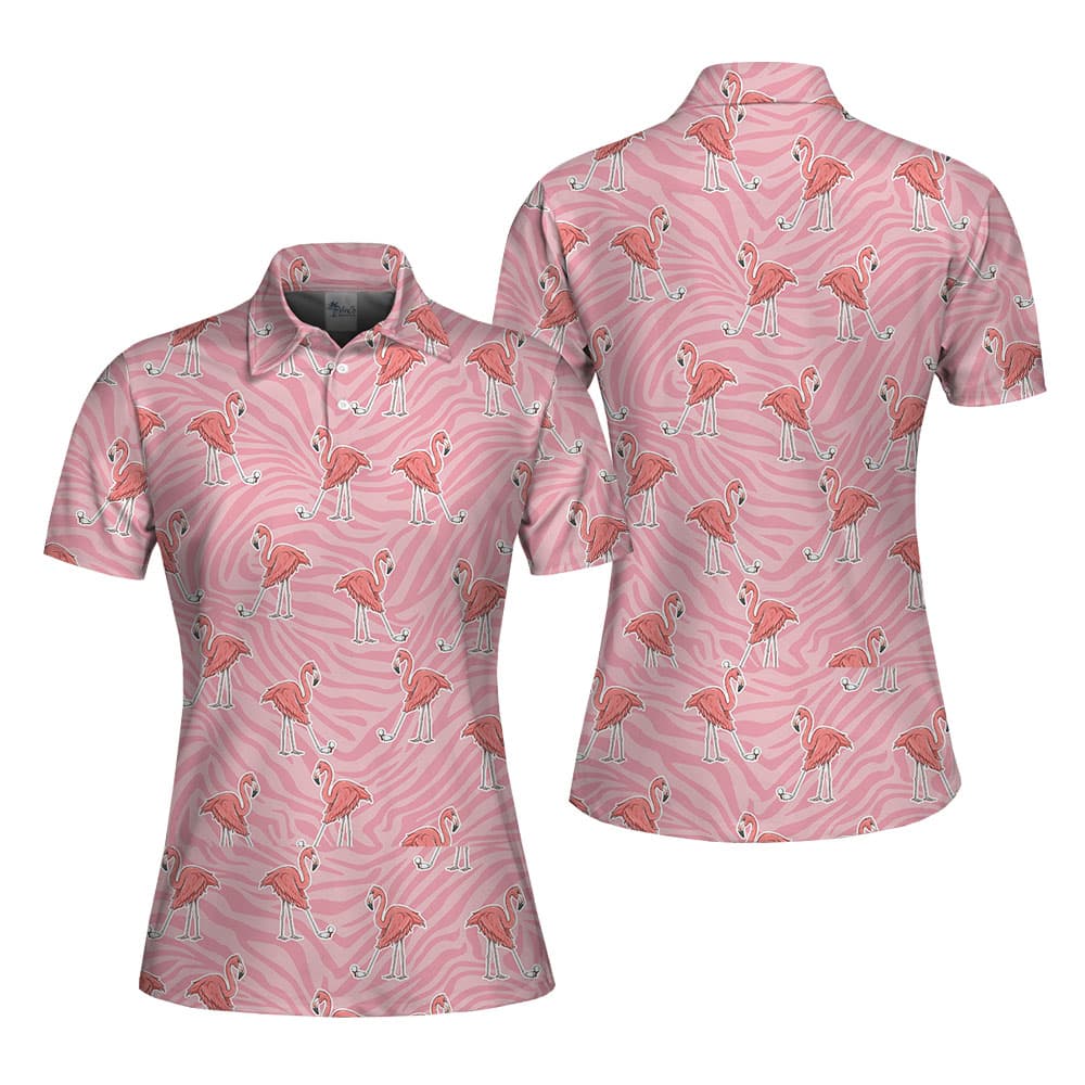 Zebra Flamingo Golf Pink Collared Shirt For Women4