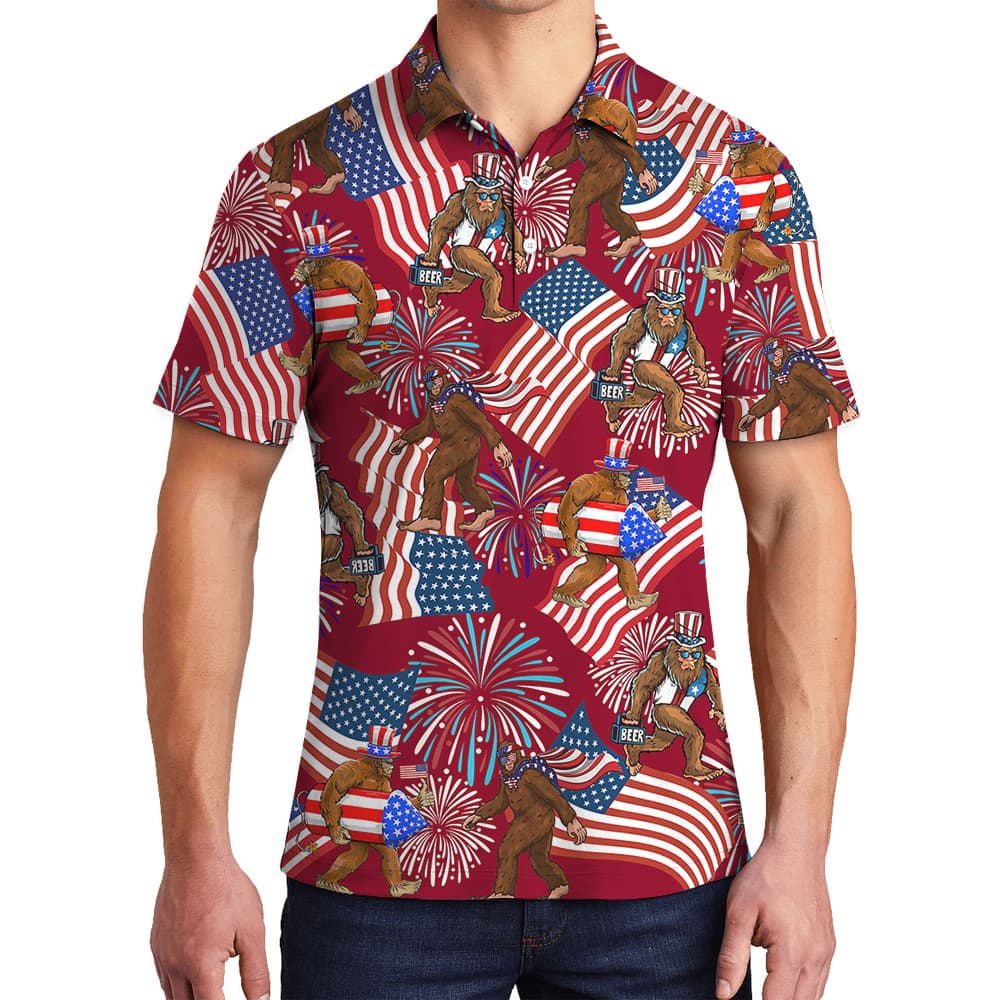 4th Of July Bigfoot American Flag Red Hawaiian Polo Shirt