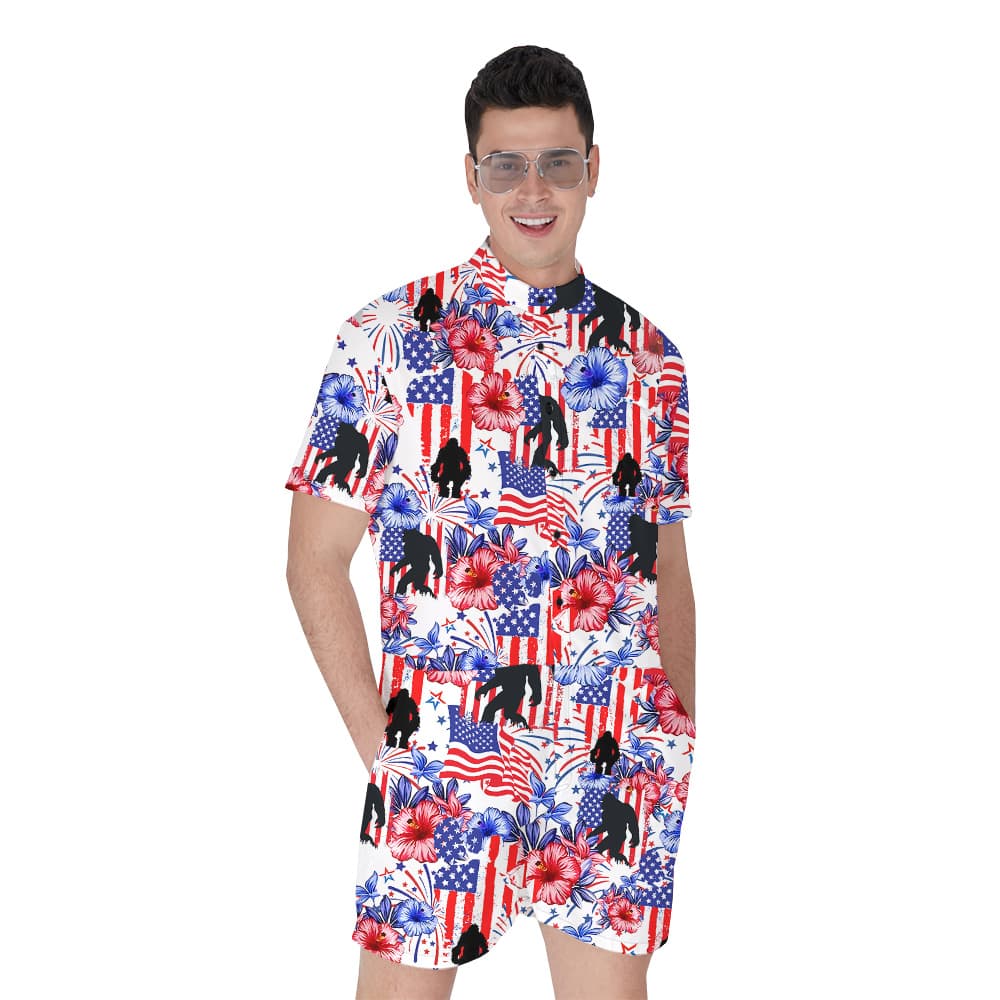 4th Of July Bigfoot Floral Firework Men's Hawaiian Romper