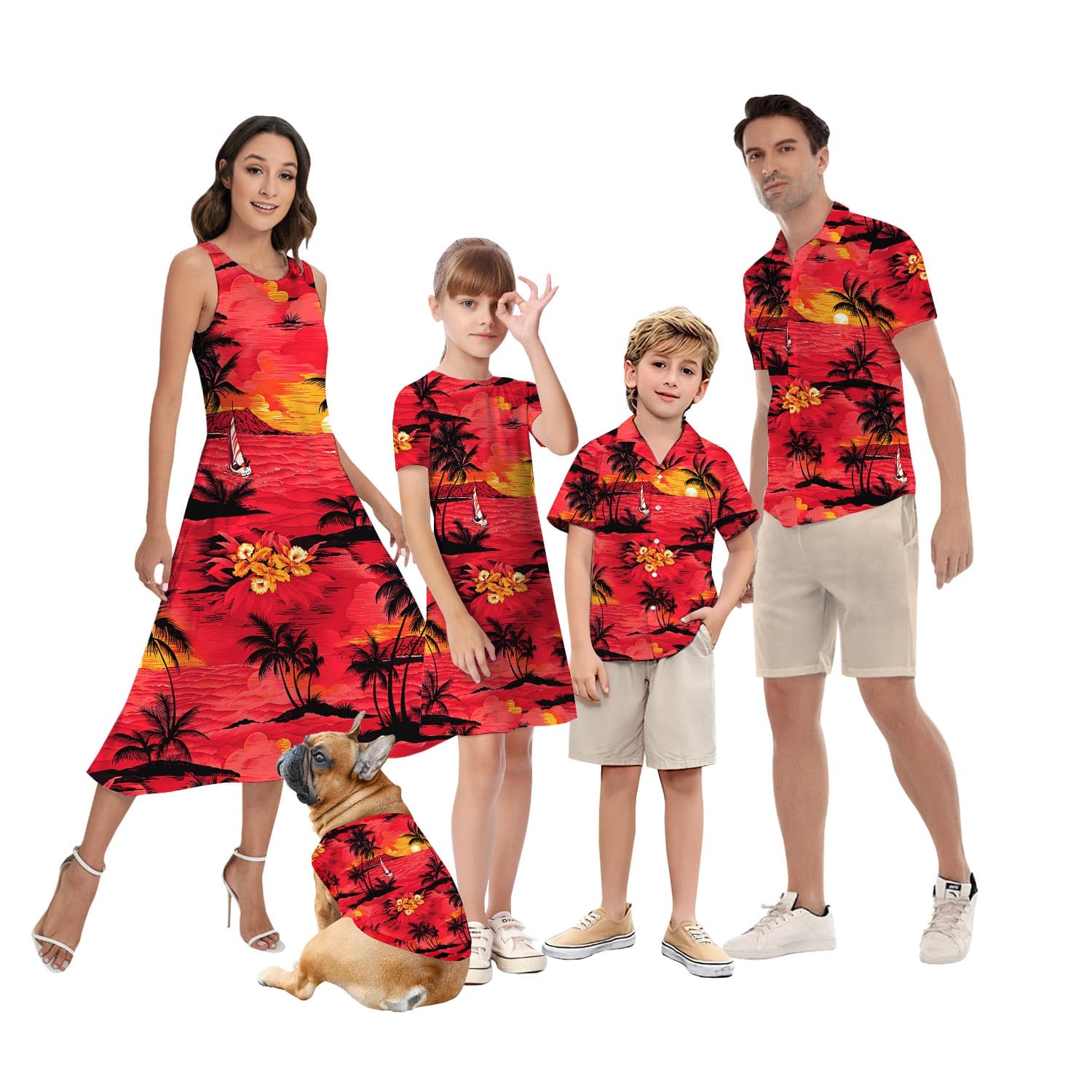 Beach Sunset Red Aloha Shirt And Dress Matching For Couple
