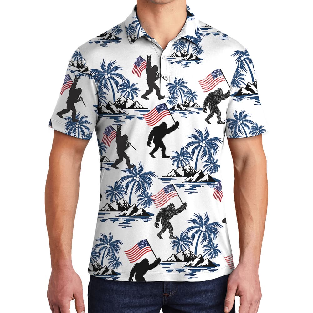 Bigfoot American Flag Patriotic Palm Trees Hawaiian Polo Shirt