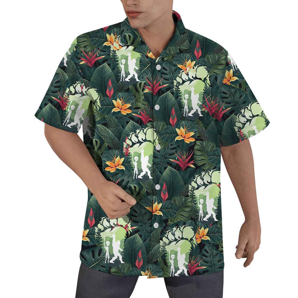 Bigfoot And Alien Tropical Green Hawaiian Shirt (1)