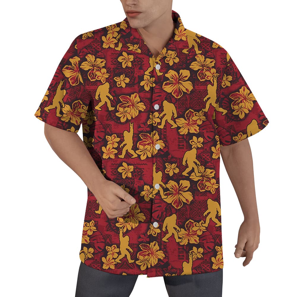 Bigfoot Hibiscus Vintage Red Aloha Shirt (5)