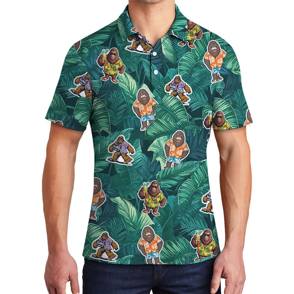 Bigfoot Sticker Tropical Green Hawaiian Polo Shirt