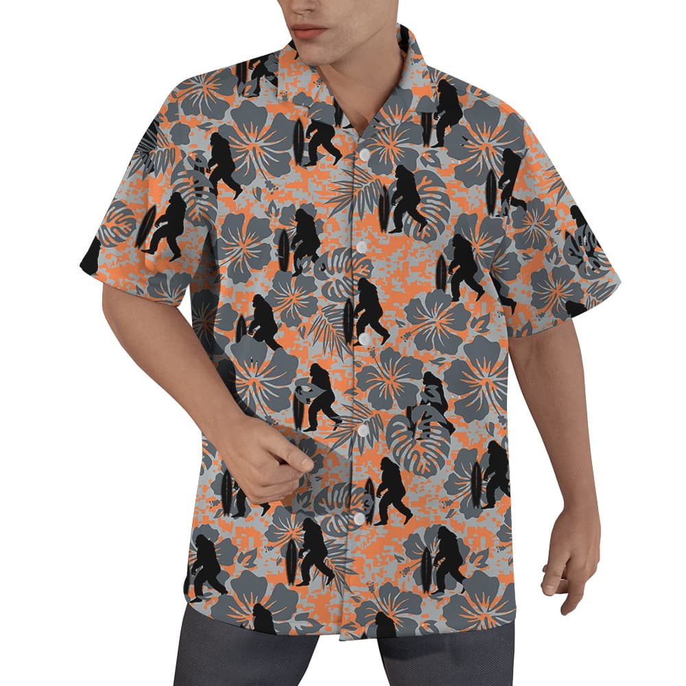 Bigfoot Surfing Board Vintage Hibiscus Orange Hawaiian Shirt (1)
