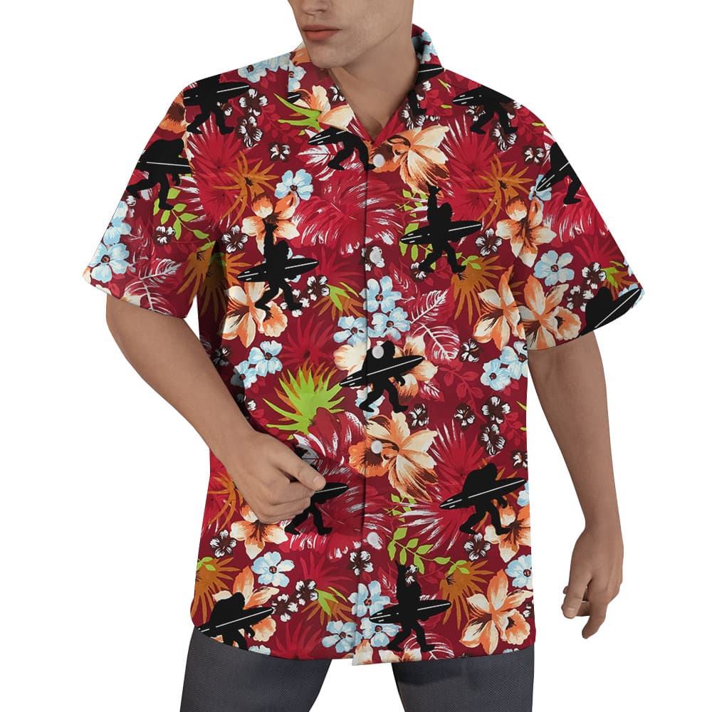 Bigfoot Surfing Tropical Red Hawaiian Shirt (1)