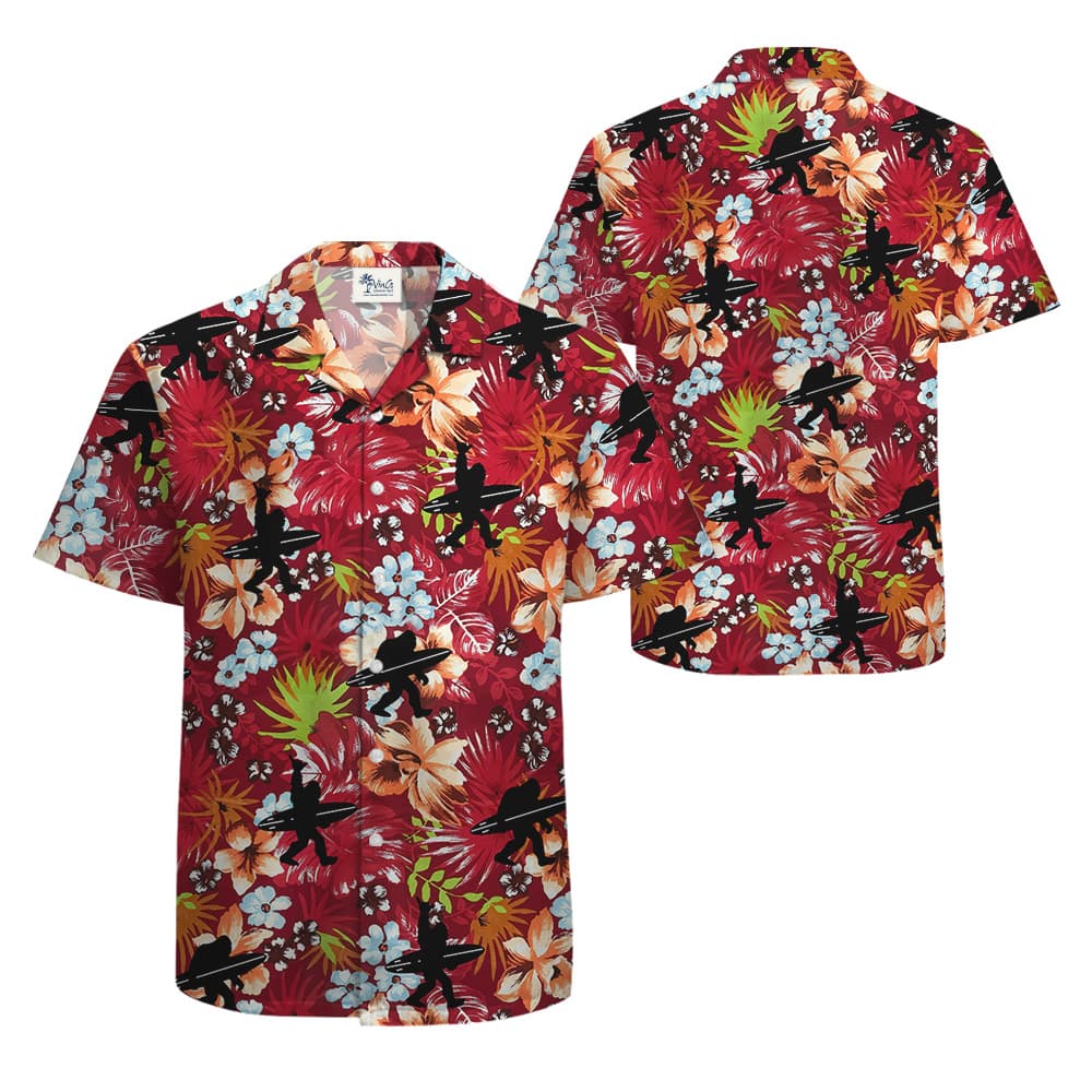 Bigfoot Surfing Tropical Red Hawaiian Shirt
