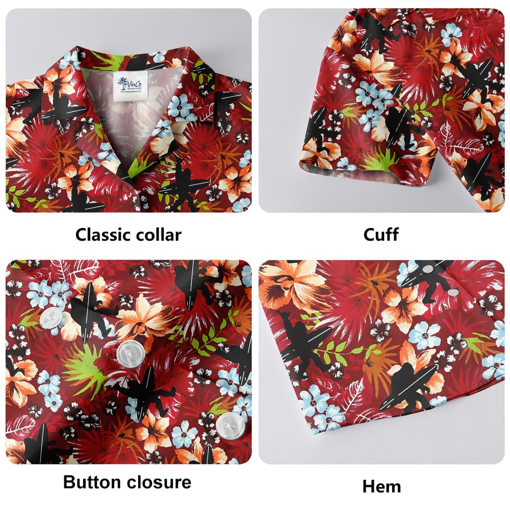 Bigfoot Surfing Tropical Red Hawaiian Shirt