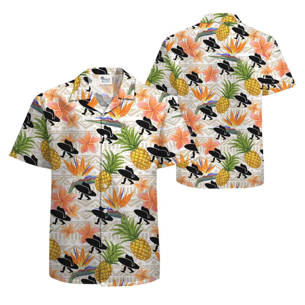 Bigfoot With Surf Board Floral Pineapple Hawaiian Shirt