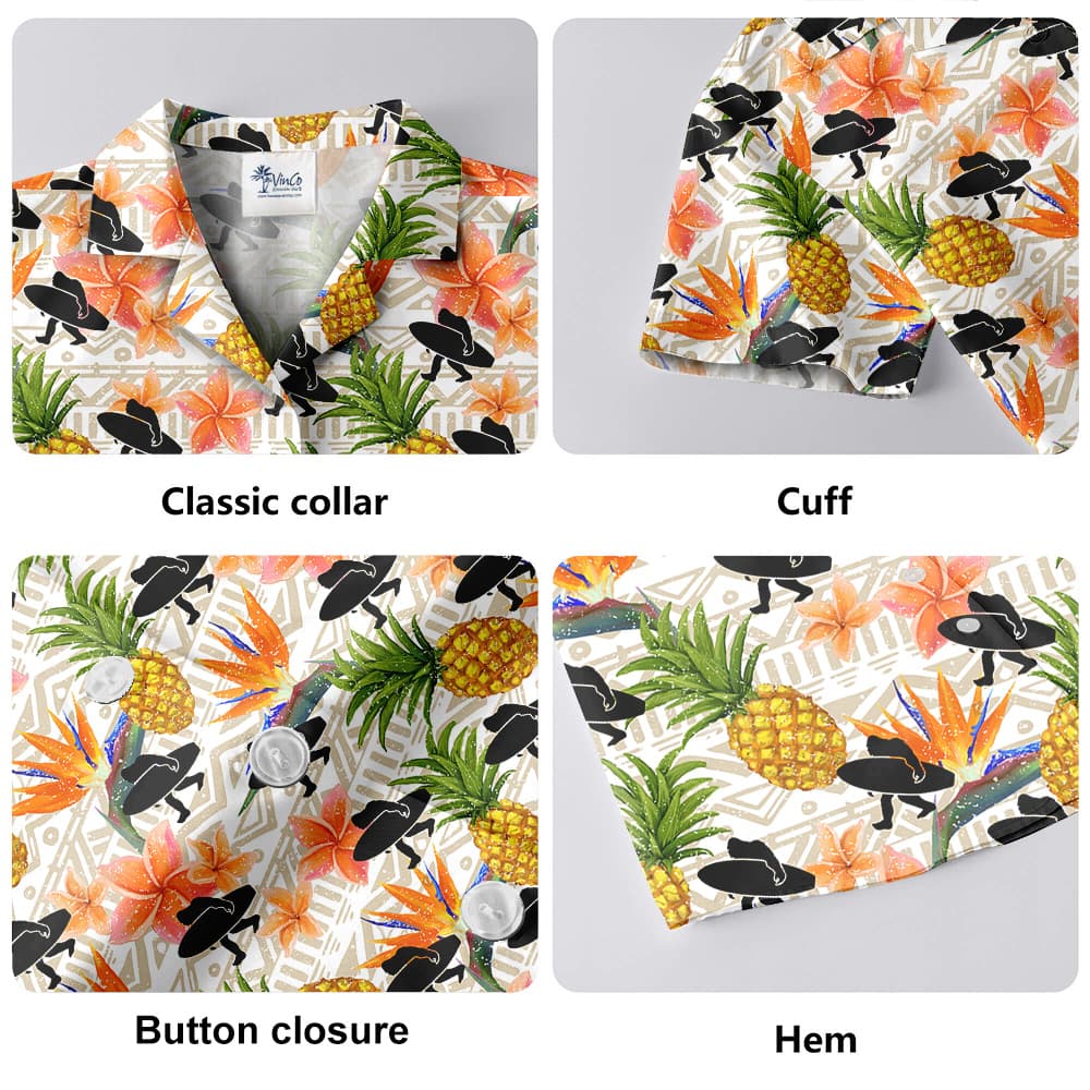 Bigfoot With Surf Board Floral Pineapple Hawaiian Shirt