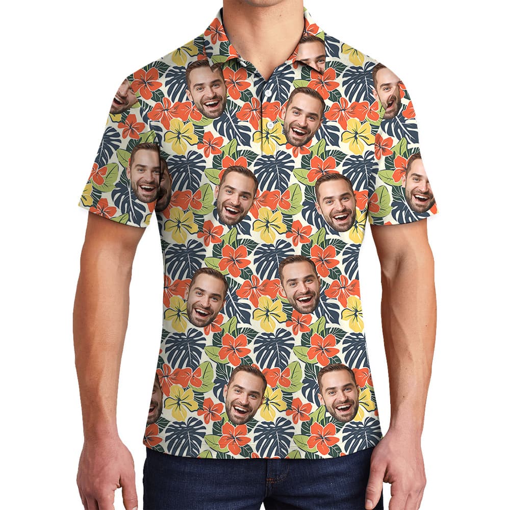 Blooming Birthday Wishes Custom Face Hawaiian Polo Shirt for Men1
