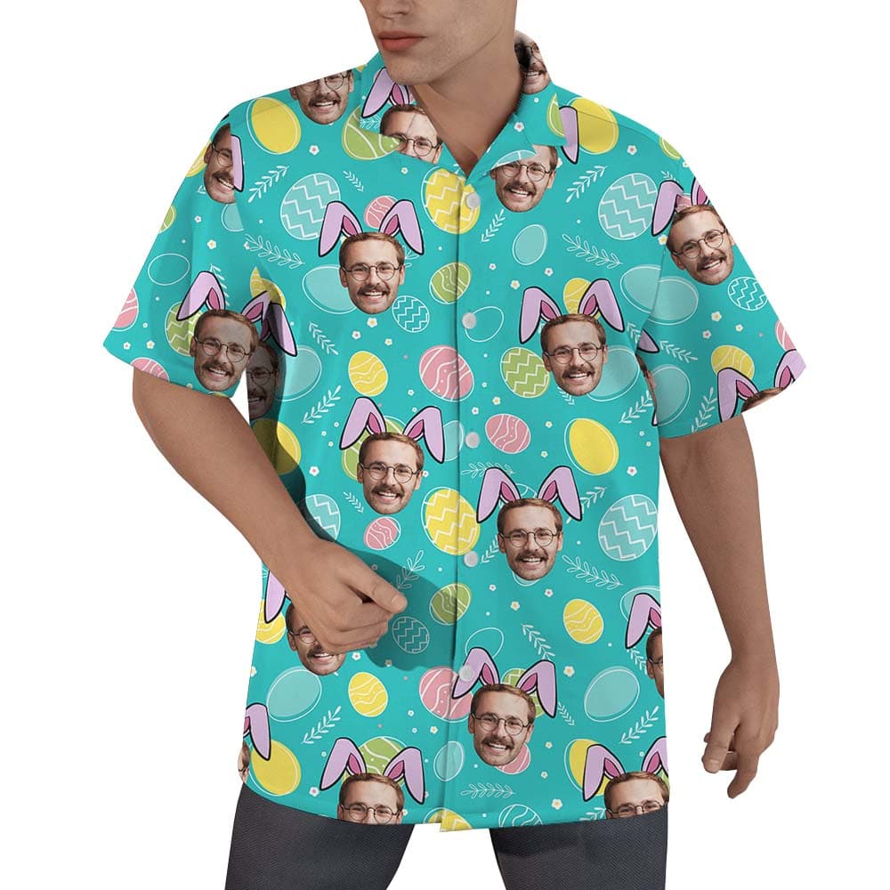 Blue Easter Bunny Button Up Shirt With Faces1