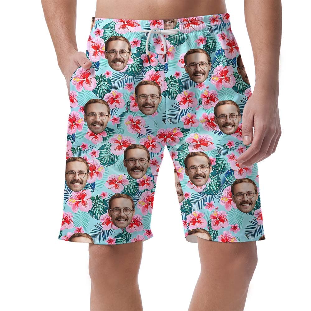Blue Floral Custom Your Face Men's Hawaiian Shorts3