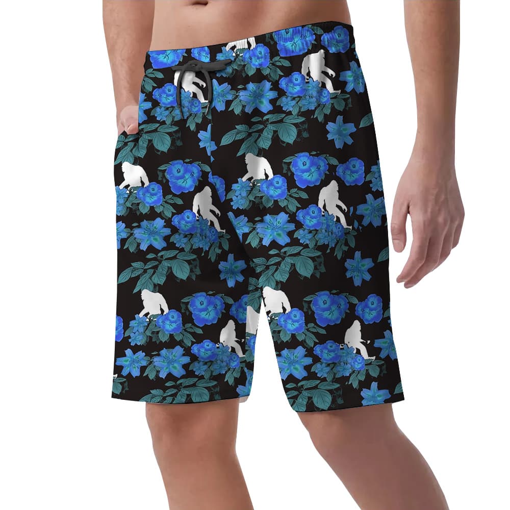 Blue Floral Sasquatch Hawaiian Summer Beach Shorts For Men