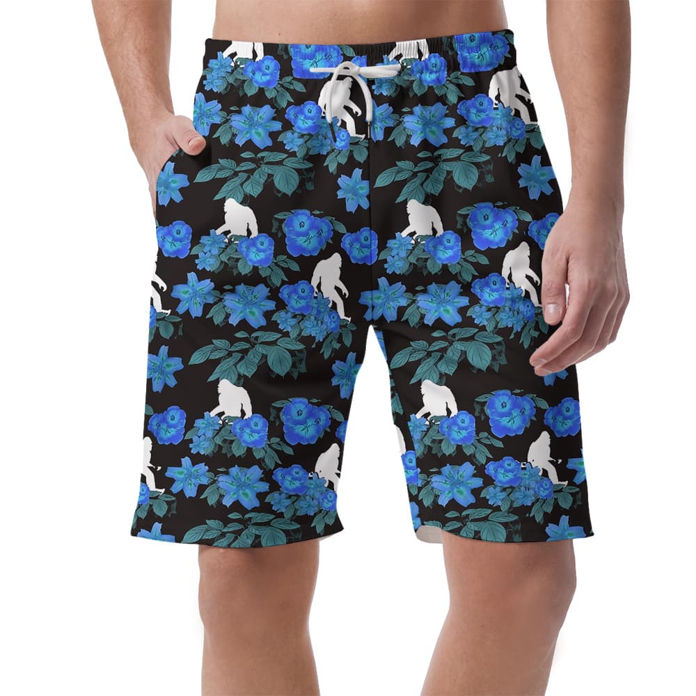Blue Floral Sasquatch Hawaiian Summer Beach Shorts For Men
