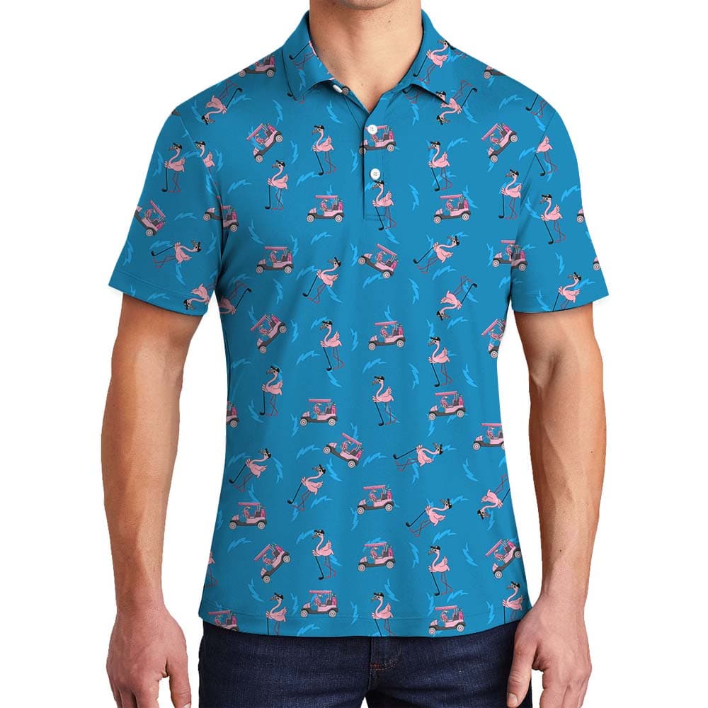 Blue Golf Polo Shirt With Flamingo Print1