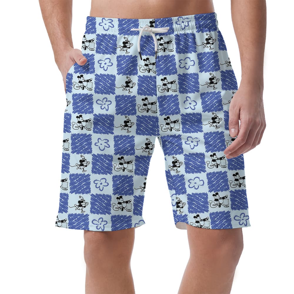 Blue Mickey Steamboat Willie Hawaiian Beach Shorts For Men