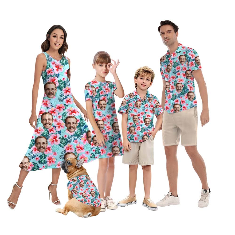 Blue Tropical Custom Matching Family Hawaiian Shirts With Faces4