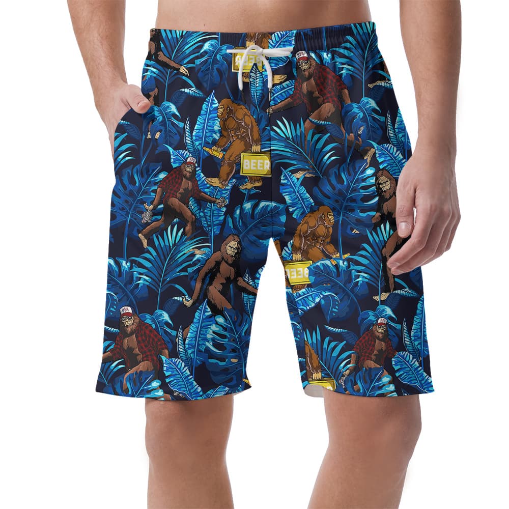 Blue Tropical Leaves Sasquatch Beer Hawaiian Beach Shorts For Men