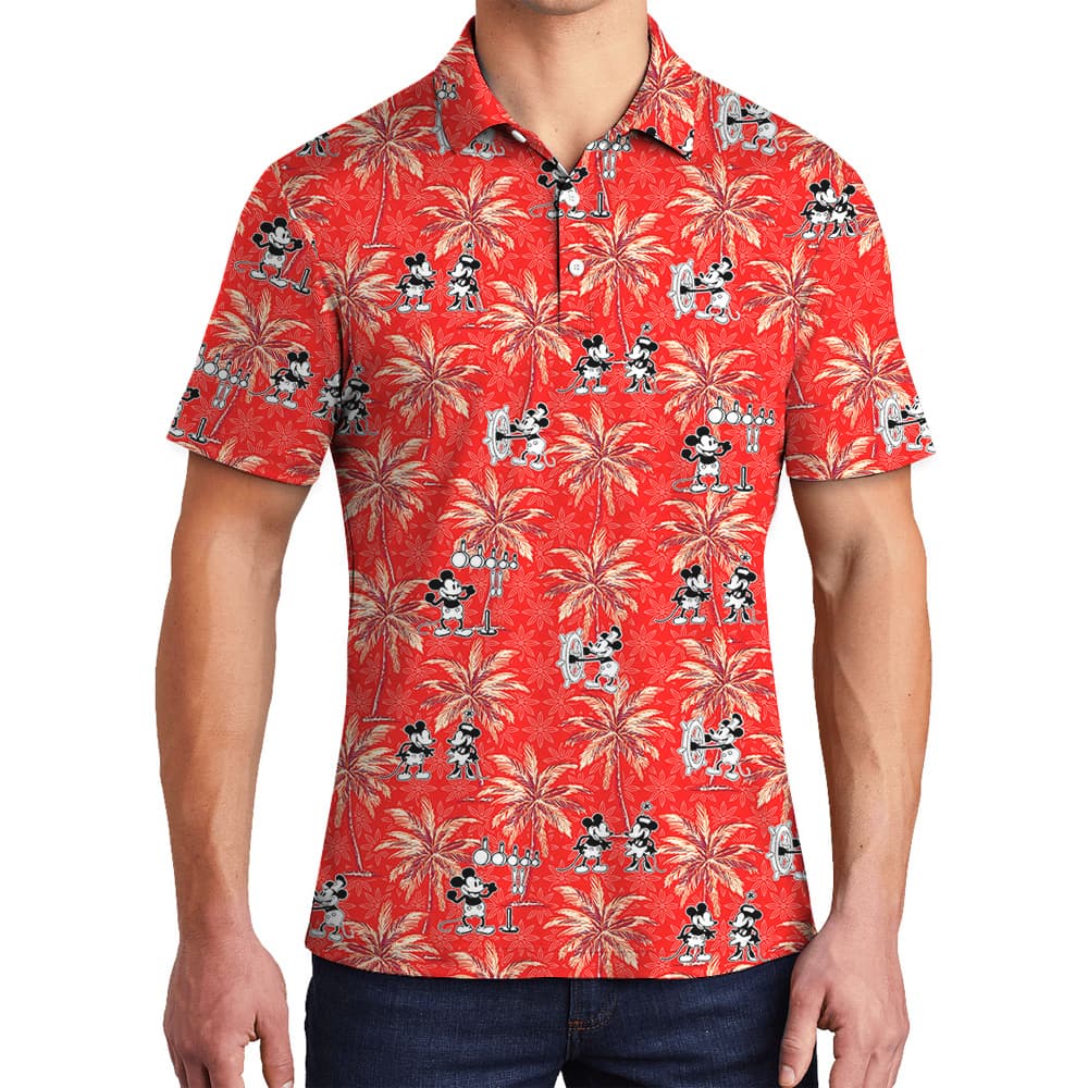 Casual Red Hawaiian Men Polo Shirt with Mickey Steamboat Willie and Palms1
