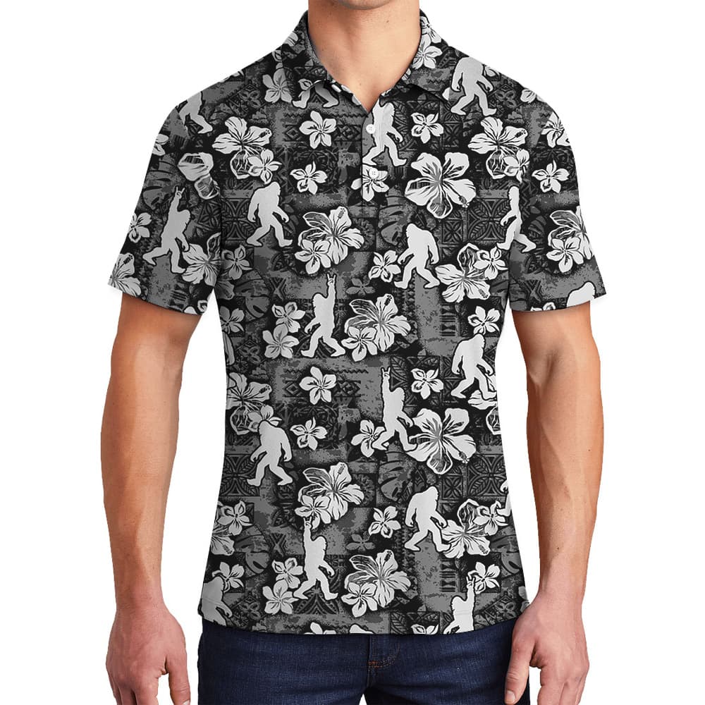 Classic Hibiscus Sasquatch Black Hawaiian Polo Golf Shirt