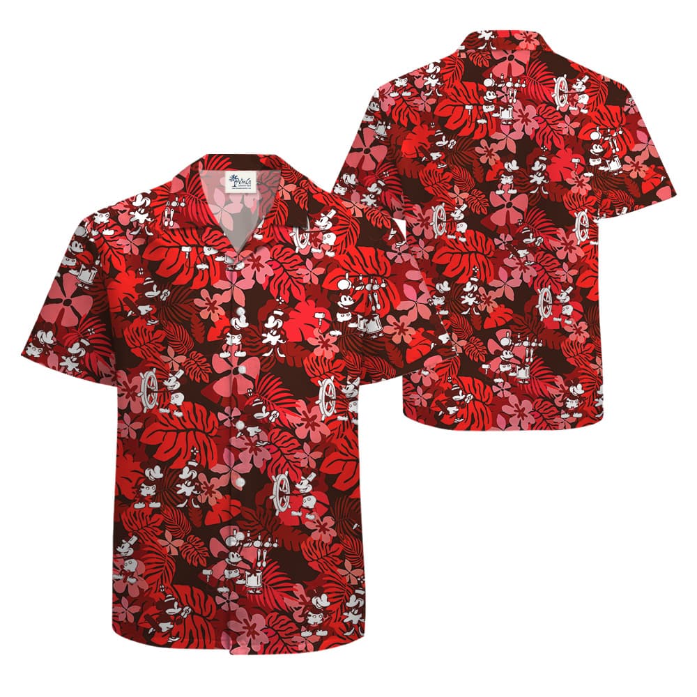 Classic Mickey Steamboat Willie 1928 Floral Hawaiian Short Sleeves Shirt