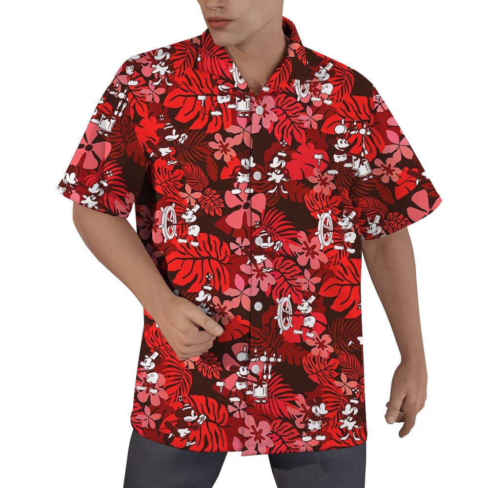 Classic Mickey Steamboat Willie 1928 Floral Hawaiian Short Sleeves Shirt