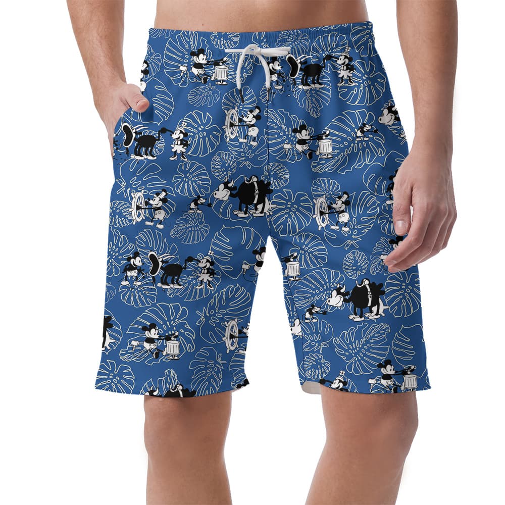 Classic Mickey Steamboat Willie Blue Hawaiian Summer Shorts For Men