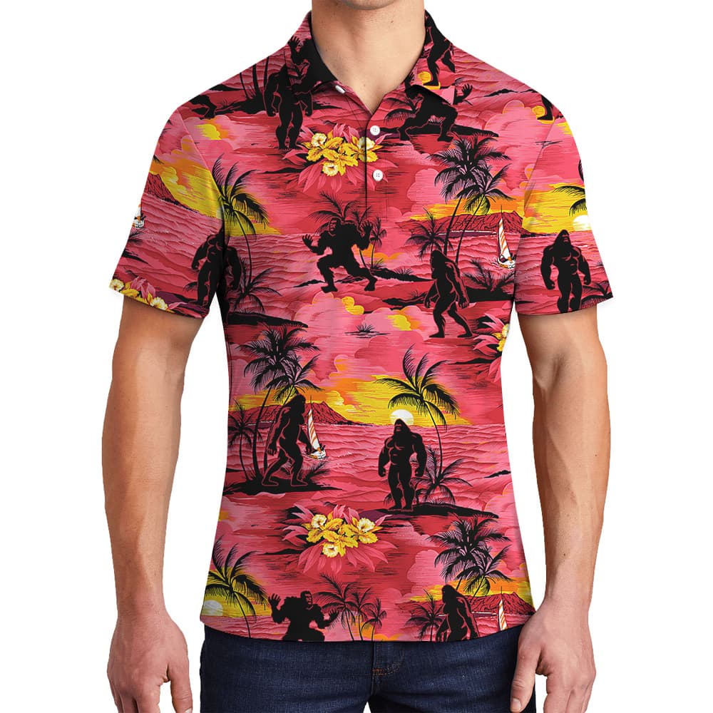 Classic Sasquatch Tropical Islands Red Hawaiian Polo Golf Shirt