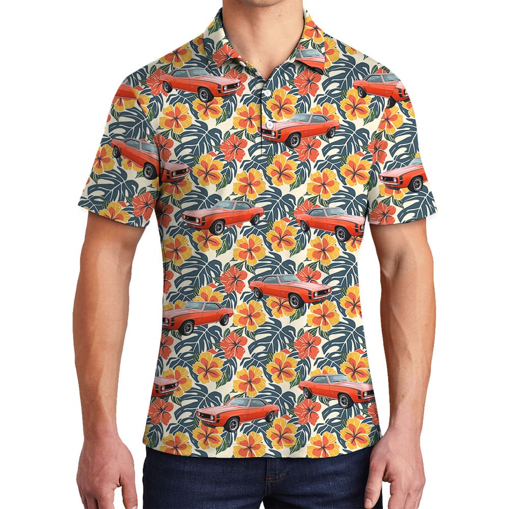 Colorful Hibiscus Custom Hawaiian Men Polo Shirt with Car1