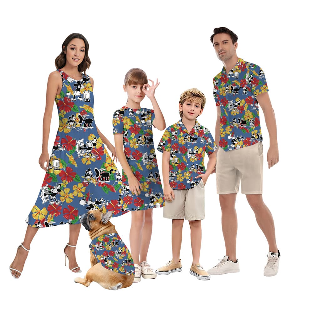 Colorful Hibiscus Steamboat Willie Mickey Family Matching Hawaiian Outfits